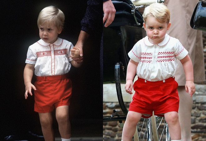 Đây không phải lần đầu tiên các hoàng tử bé mặc trang phục giống nhau hay có điểm tương đồng với thành viên hoàng gia thuộc thế hệ trước. Tại lễ rửa tội của Công chúa Charlotte vào năm 2015, Hoàng tử George mặc áo trắng và quần shorts đỏ giống với trang phục của bố từng diện năm 1984. Ảnh: Hello Magazine.