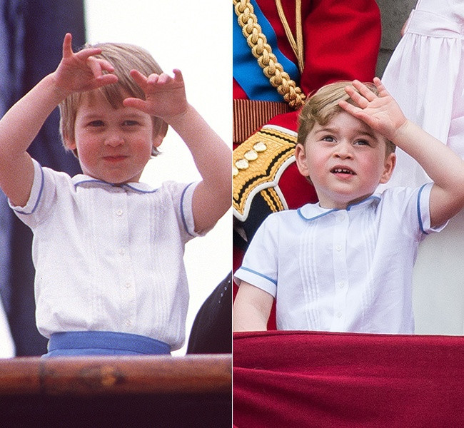 Chiếc áo sơ mi mà bé George diện với phần cổ peter-pan được làm lại từ trang phục của Hoàng tử William cùng màu sắc và đường xếp nếp giống phiên bản năm 1984. Ảnh: Hello Magazine.