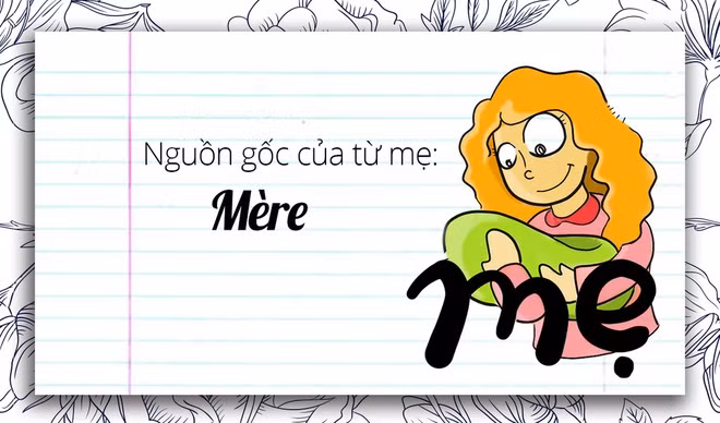 Theo “Từ điển Tiếng Việt”, từ mẹ có nguồn gốc từ âm “mère” trong tiếng Pháp, dùng để chỉ người phụ nữ có công sinh thành và nuôi nấng chúng ta. Tại nhiều ngôn ngữ trên thế giới, từ để gọi mẹ đều bắt đầu bằng âm m như mère, maman (tiếng Pháp), mother, mom (tiếng Anh)… Theo các nhà ngôn ngữ học, âm “m”, “b” là âm môi, dễ đọc, dễ nhớ, chỉ cần mở môi là phát âm được. Đối với trẻ em, âm “m” rất dễ khi mới tập nói. Do đó, các từ để gọi những người thân, gần gũi với mỗi người như “bà”, “bố”, và “mẹ” đều bắt đầu bằng hai âm này.