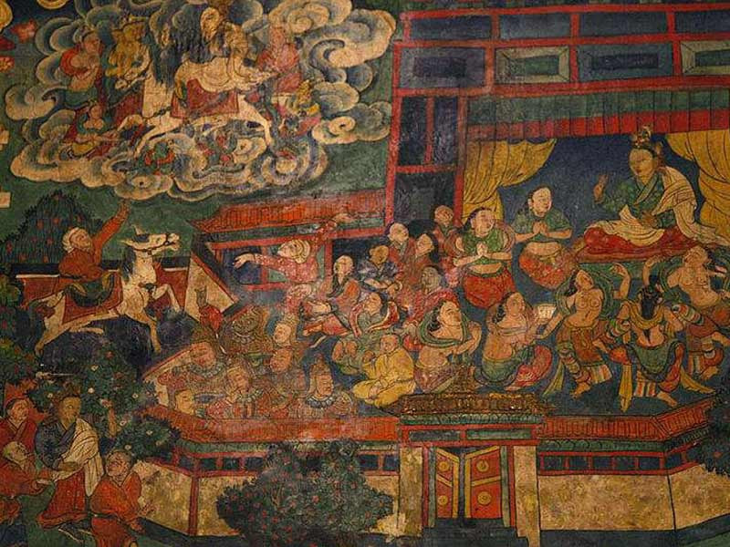 Tu viện còn nổi tiếng vì những bức tranh tường hoành tráng và Thangka - tranh Phật giáo Tây Tạng vẽ trên vải bông hoặc lụa. Đa số các bức tranh đều có từ triều đại nhà Nguyên (1271-1368). Trong số đó có một số bức tranh tường nổi bật và quý giá mô tả chân dung của các nhà sáng lập của Sakya hay cuộc gặp của Phakpa với Hốt Tất Liệt. Hơn 3.000 Thangka từ triều Tống (960-1279), triều Nguyên và triều đại nhà Minh (1368-1644) được coi là kho báu của nền văn hoá Phật giáo Trung Quốc. Ảnh: Tibet Vista.
