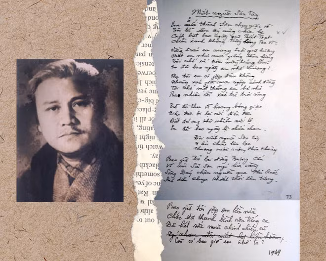 Bút tích bài thơ Mắt người Sơn Tây của Quang Dũng. Tác giả của bài thơ nổi tiếng Tây Tiến - Quang Dũng là một nhà thơ, họa sĩ, nhạc sĩ. Ông nổi danh sau Cách mạng Tháng Tám với những sáng tác thơ đậm nét hào hùng, bi tráng và lãng mạn.