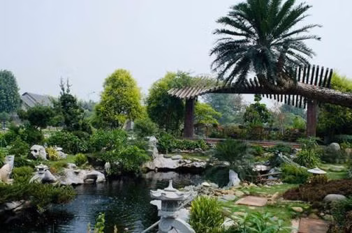 Khu vườn rộng ngập tràn cây xanh, tiểu cảnh và hồ nước nhân tạo... khiến không gian sống của nữ ca sỹ và gia đình cực kỳ nên thơ, hữu tình.