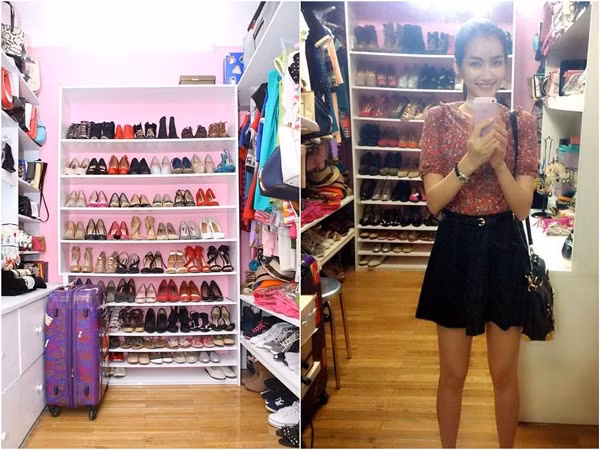 Trong hình là tủ đồ của Hoa hậu Trúc Diễm được cô khoe trên các trang mạng. Kệ giày 10 tầng với hàng chục đôi giày cao gót, xăng đan, giày búp bê sắp xếp khá gọn gàng.