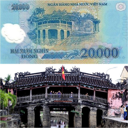 Tờ 20.000 polymer chính thức lưu thông năm 2006, có in hình chùa Cầu - Hội An. Đây là cây cầu cổ, dài khoảng 18 m, có mái che, vắt cong qua lạch nước chảy ra sông Thu Bồn nằm trong khu đô thị cổ Hội An, tỉnh Quảng Nam. Với nét kiến trúc độc đáo, chùa Cầu là điểm chụp ảnh yêu thích của khách du lịch và là biểu tượng đẹp của Hội An.