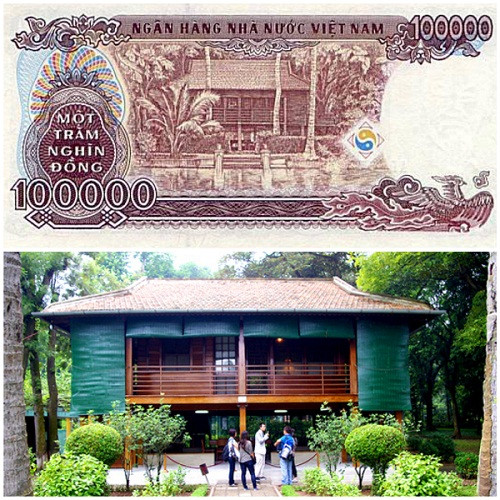 Tờ 100.000 đồng cotton phát hành ngày 1/9/2000 và là mệnh giá tiền Việt lớn nhất trong suốt những năm lưu thông trên thị trường. Tuy nhiên, loại tiền này đều bị làm giả nhiều, đến 1/9/2007, tờ 100.000 đồng cotton được thay thế bằng tiền polymer. Mặt sau tờ tiền cotton có in hình nhà sàn bác Hồ, nơi Người từng sống và làm việc. Nhà sàn hiện là điểm thăm quan mang tính văn hóa, lịch sử giữa lòng Hà Nội.