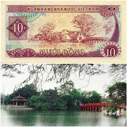 Tờ 10 đồng phát hành năm 1985 với hình ảnh cầu Thê Húc và đền Ngọc Sơn.