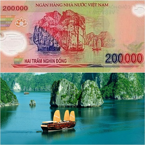 Những hình ảnh trên tiền Việt Nam có thể vẫn còn mới lạ với nhiều người. Điểm đến được in trên tờ 200.000 đồng polymer phát hành ngày 30/8/2006 là Vịnh Hạ Long (Quảng Ninh). Với vẻ đẹp cảnh quan, khí hậu mát mẻ, đây là danh lam thắng cảnh được nhiều khách du lịch trong và ngoài nước cực kỳ yêu thích.