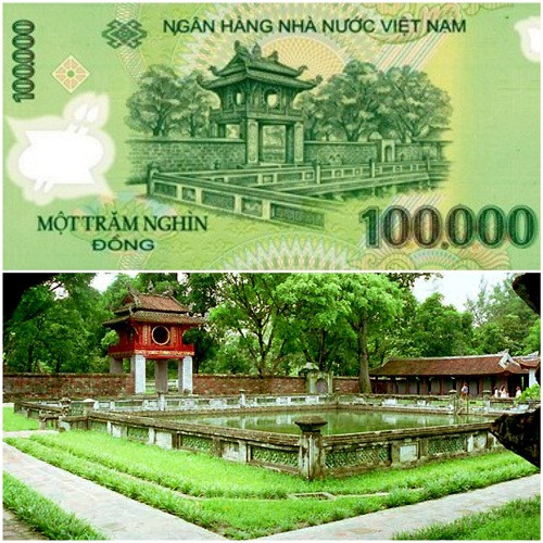 Vào ngày 5/8/2004, Thủ tướng Chính phủ đã có Quyết định số 841 cho phép phát hành đồng tiền mới 100.000 đồng polymer. Mặt sau của tờ tiền là hình ảnh Văn Miếu - Quốc Tử Giám. Đây là quần thể di tích đa dạng và phong phú hàng đầu của Hà Nội. Được xây dựng từ năm 1070, đến nay, Văn Miếu vẫn giữ được vẻ cổ kính với đặc điểm kiến trúc của nhiều thời đại.