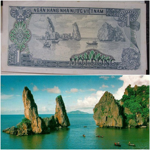 Trên các tờ tiền xưa, nhiều phong cảnh, hình ảnh đẹp của Việt Nam được tái hiện rất sinh động. Mặt sau của tờ 1 đồng phát hành năm 1985 là hòn Phụ Tử - Hà Tiên (Kiên Giang). Đây là hai khối đá dính liền nhau đứng trên một bệ đá có chiều cao 5m so với mặt biển, tượng trưng cho tình cảm cha con quấn quýt bên nhau.