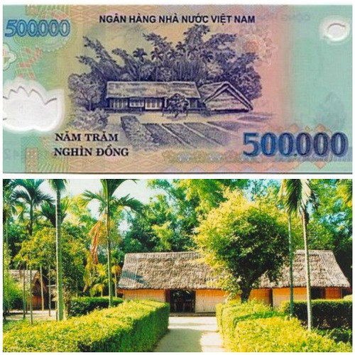 Hình ảnh làng Sen (Nghệ An) quê hương của Chủ tịch Hồ Chí Minh được tái hiện trên mặt sau của tờ tiền 500.000 đồng.