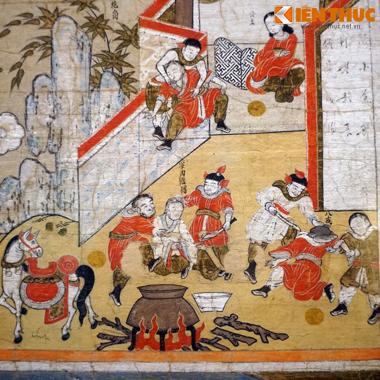 Phần này của bức tranh thể hiện cảnh Đường Tăng, Bát Giới và Sa Tăng lâm nạn, sắp bị yêu quái tống vào nồi nước sôi để ăn thịt.