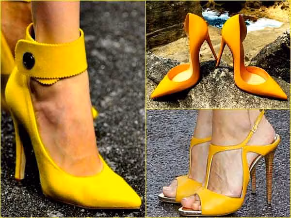 2. Chọn giày cao gót màu vàng: mang giày cao gót tông màu vàng hay chỉ lựa chọn giày cao gót có gam màu này đi kèm với trang phục sẽ làm nổi bật đôi chân bạn.