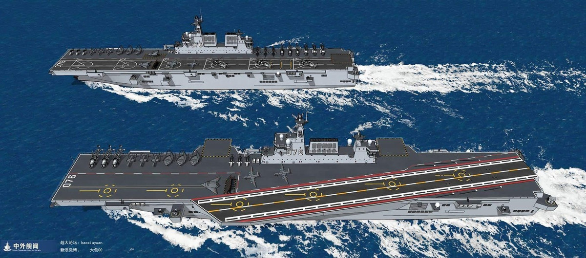 Những tính năng này "mở ra cánh cửa" cho Type 076 hỗ trợ máy bay cánh cố định, thường có tầm hoạt động, tốc độ và khả năng tải trọng lớn hơn máy bay trực thăng. (Nguồn ảnh: China Military, Forbes, Reddit, Meta-Defense.fr, China-Arms, Military Watch Magazine).