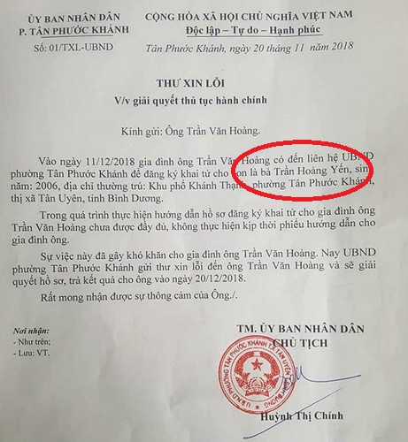 Thu xin loi gay that vong cua Chu tich phuong “vo cam