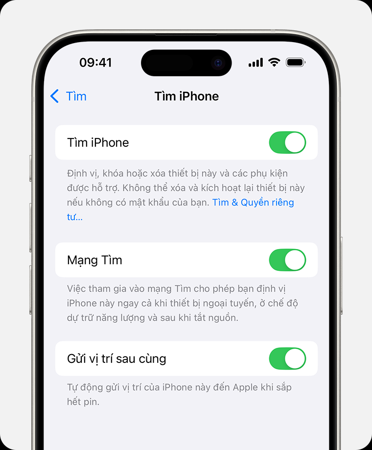 4. Kích hoạt tính năng "Tìm iPhone": Bật tại Tìm &gt; Tìm iPhone.(Ảnh: Apple Support)