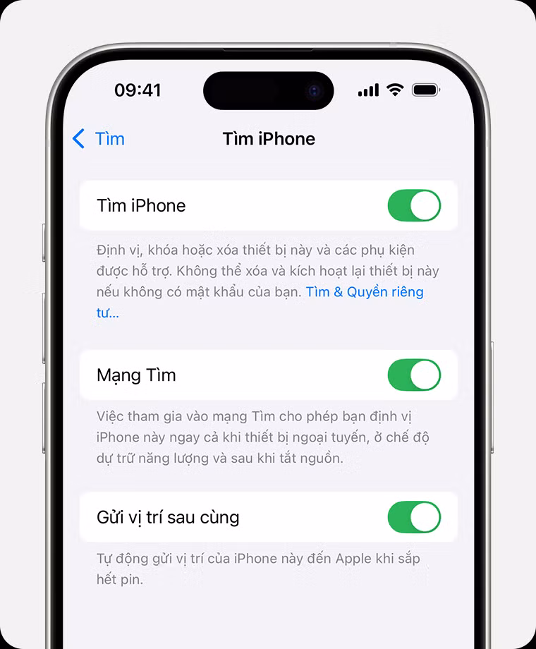 4. Kích hoạt tính năng "Tìm iPhone": Bật tại Tìm > Tìm iPhone.(Ảnh: Apple Support)