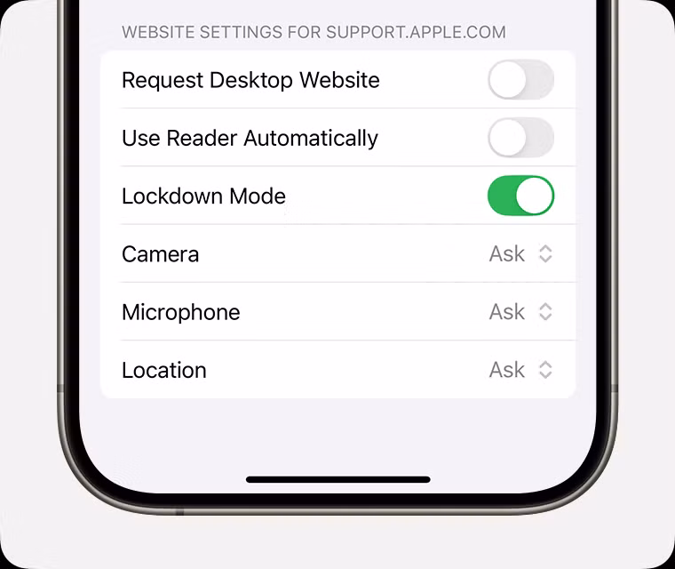 10. Bật chế độ khóa (Lockdown Mode): Kích hoạt tại Quyền riêng tư &amp; Bảo mật.(Ảnh: Apple Support)