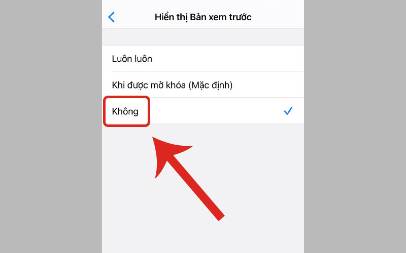 7. Tắt xem trước thông báo trên màn hình khóa: Cài đặt tại Hiển thị Bản xem trước &gt; Khi được mở khóa.(Ảnh: Thegioididong.com)