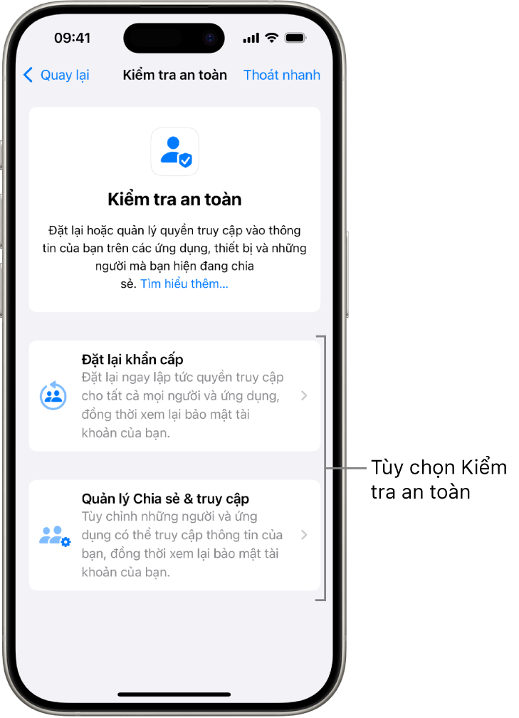 6. Sử dụng tính năng "Kiểm tra an toàn": Kiểm soát quyền truy cập khi có dấu hiệu bị xâm phạm.(Ảnh: Apple Support)