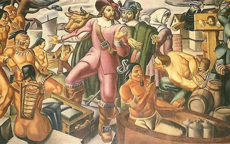  Bức tranh “Mr. Pynchon and the Settling of Springfield” được vẽ năm 1937, mô tả cảnh lập thành phố Springfield (Mỹ) bởi William Pynchon – tổ tiên nhà văn Thomas Pynchon. (Ảnh: Thanh niên Việt)