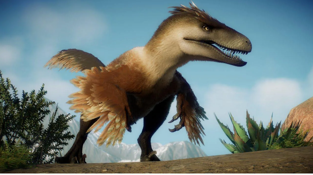 Dù chưa có bằng chứng trực tiếp về lông vũ trên Utahraptor, các nghiên cứu về gen và cây tiến hóa cho rằng loài này có lông, giống như các thành viên khác trong họ Dromaeosauridae. (Ảnh: Jurassic World Evolution Wiki)