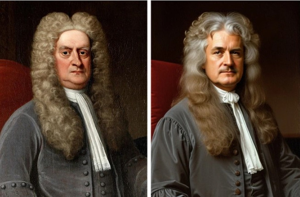 7. Isaac Newton: Nhà vật lý, nhà toán học và triết gia tự nhiên người Anh (1643–1727). Ông đặt nền móng cho cơ học cổ điển với tác phẩm "Principia", trong đó nêu ra Định luật vạn vật hấp dẫn. Newton cũng có những đóng góp quan trọng trong quang học và phát minh ra phép toán vi phân. Nhà bác học thiên tài Isaac Newton trong ảnh phục dựng bằng AI gây ấn tượng với mọi người bởi gương mặt nghiêm nghị, thông thái.