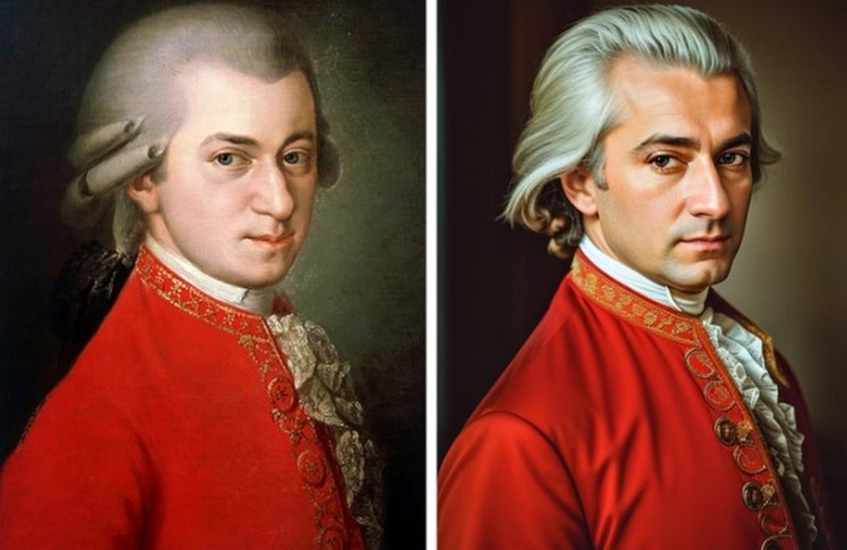 8. Wolfgang Amadeus Mozart: Nhà soạn nhạc thiên tài người Áo (1756–1791). Mozart được đánh giá là một trong những nhà soạn nhạc vĩ đại nhất mọi thời đại, nổi bật với khả năng thiên bẩm và kỹ thuật sáng tác vượt trội. Trong ảnh phục dựng bằng AI, nhà soạn nhạc lừng danh thế giới Wolfgang Amadeus Mozart khiến nhiều người phấn khích khi sở hữu dung mạo điển trai, quyến rũ.