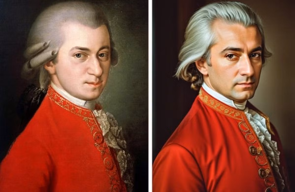8. Wolfgang Amadeus Mozart: Nhà soạn nhạc thiên tài người Áo (1756–1791). Mozart được đánh giá là một trong những nhà soạn nhạc vĩ đại nhất mọi thời đại, nổi bật với khả năng thiên bẩm và kỹ thuật sáng tác vượt trội. Trong ảnh phục dựng bằng AI, nhà soạn nhạc lừng danh thế giới Wolfgang Amadeus Mozart khiến nhiều người phấn khích khi sở hữu dung mạo điển trai, quyến rũ.