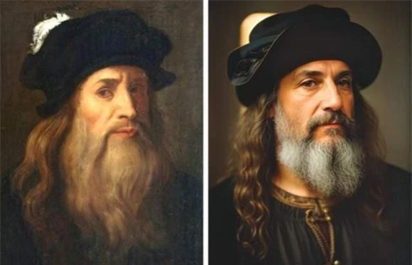 4. Leonardo da Vinci: Nghệ sĩ, nhà phát minh, nhà khoa học người Ý thời Phục Hưng (1452–1519). Ông để lại những di sản vĩ đại như "Bữa tiệc ly", "Mona Lisa" và hàng loạt bản vẽ về máy bay, vũ khí, cơ thể người. Danh họa lừng danh thế giới Leonardo Da Vinci trong ảnh phục dựng bằng AI mang vẻ đẹp nam tính, phong trần của một nhà nghệ thuật.