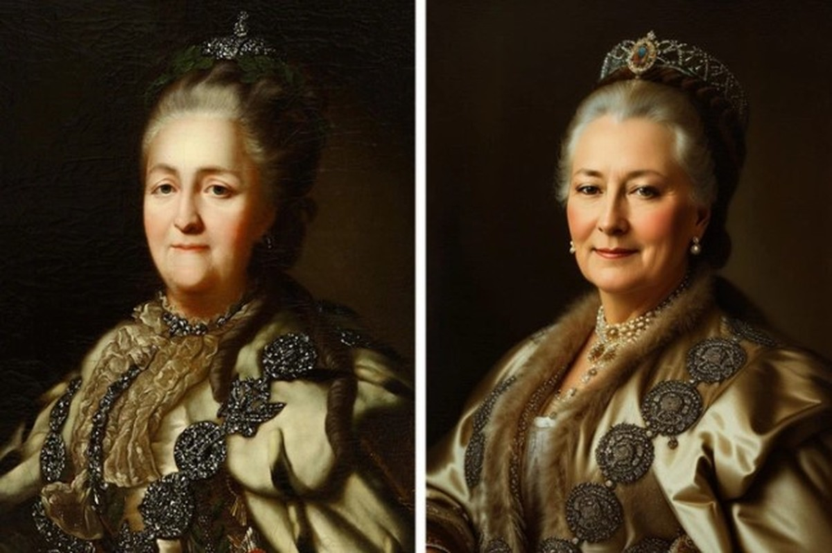 6. Catherine Đại đế: Nữ hoàng trị vì nước Nga từ 1762 đến 1796 – nữ hoàng tại vị lâu nhất trong lịch sử Nga. Catherine Đại đế của nước Nga mang vẻ đẹp hiền từ, đằm thắm trong ảnh phục dựng bằng AI.