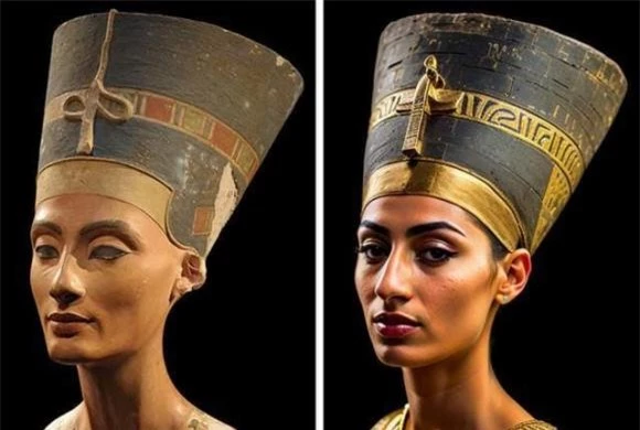 1. Nefertiti: Vương hậu Ai Cập cổ đại, sống khoảng thế kỷ 14 TCN, vợ của Pharaoh Akhenaten. Bà nổi tiếng vì vẻ đẹp lộng lẫy và vai trò quyền lực hiếm có trong triều đình, thậm chí có thời gian được cho là đồng cai trị với chồng. Hình ảnh phục dựng bằng AI cho thấy Nữ hoàng Ai Cập Nefertiti thực sự là mỹ nhân tuyệt sắc, sở hữu đôi mắt sắc bén, mũi cao và thẳng.