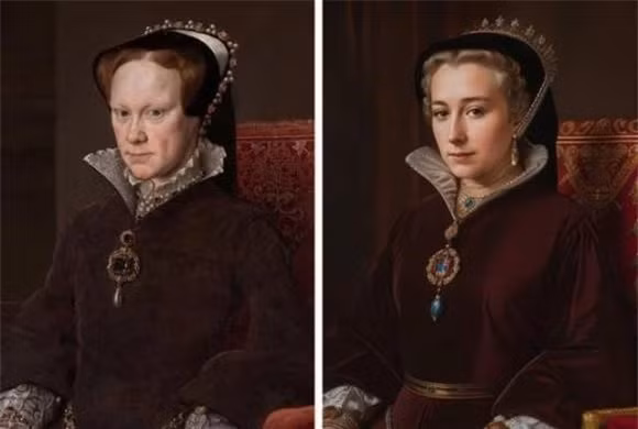 2. Mary I: Là nữ hoàng đầu tiên cai trị nước Anh với tư cách người đứng đầu tối cao. Bà nổi tiếng vì nỗ lực khôi phục Công giáo La Mã ở Anh, dẫn đến những cuộc đàn áp tôn giáo đẫm máu. Nữ hoàng Mary I của Anh trong ảnh phục dựng bằng AI mang vẻ đẹp hiền hậu, toát lên phong thái quyền lực của người đứng đầu hoàng tộc.
