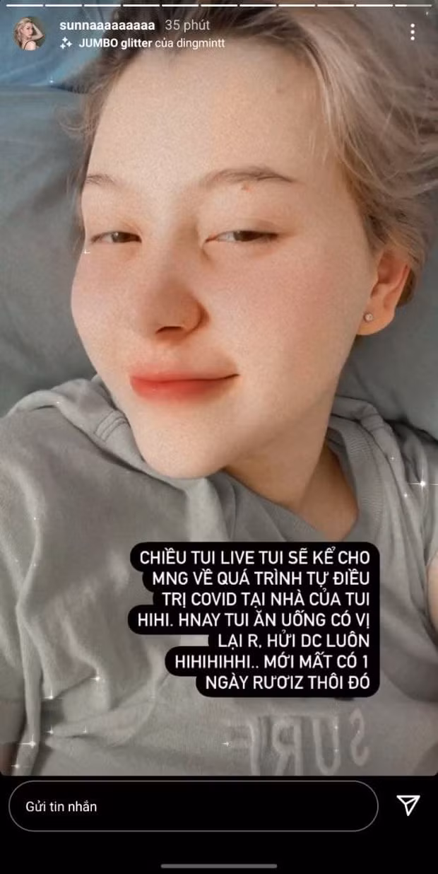 Trong story mới trên Instagram, hot girl Sunna cho biết cô có kết quả dương tính với COVID-19 trong thời gian qua và đang phải thực hiện cách ly y tế tại nhà.