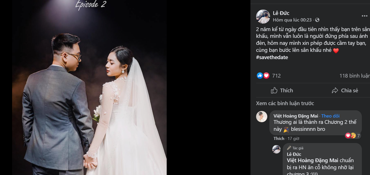 Trên Facebook cá nhân của mình, chú rể cũng nhá hàng ảnh cưới xinh lung linh cùng với cô dâu Phương Thảo ngay trước ngày ăn hỏi và đón nữ MC VTV về dinh.