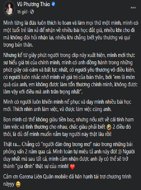Trước đó, ngày 4/10, nữ MC xinh đẹp Vũ Phương Thảo đã chính thức công khai bạn trai sau gần hai năm hẹn hò.
