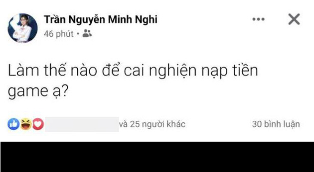Là MC nổi tiếng trong giới game thủ, đồng thời bản thân cũng là một người thích chơi game, Trần Nguyễn Minh Nghi cũng đã phải đăng status về việc "nghiện nạp" của mình.