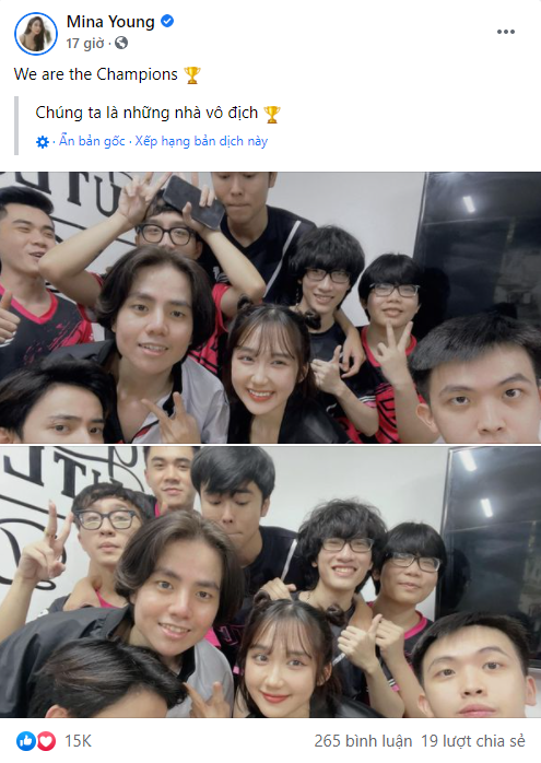 Mới đây, Mina Young đã chia sẻ khoảnh khắc ăn mừng của cả đội lên mạng xã hội với dòng caption: 'We are the Champions'. Tuy nhiên nếu nhìn kỹ tổng thể bức ảnh sẽ có điểm đáng chú ý.