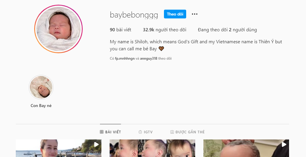 Mẹ An còn lập cho con gái một tài khoản Instagram riêng có hơn 27 nghìn người theo dõi. Trên các tài khoản mạng xã hội, nữ diễn viên thường xuyên đăng tải những hình ảnh đáng yêu của bé Bay khiến người hâm mộ vô cùng thích thú.