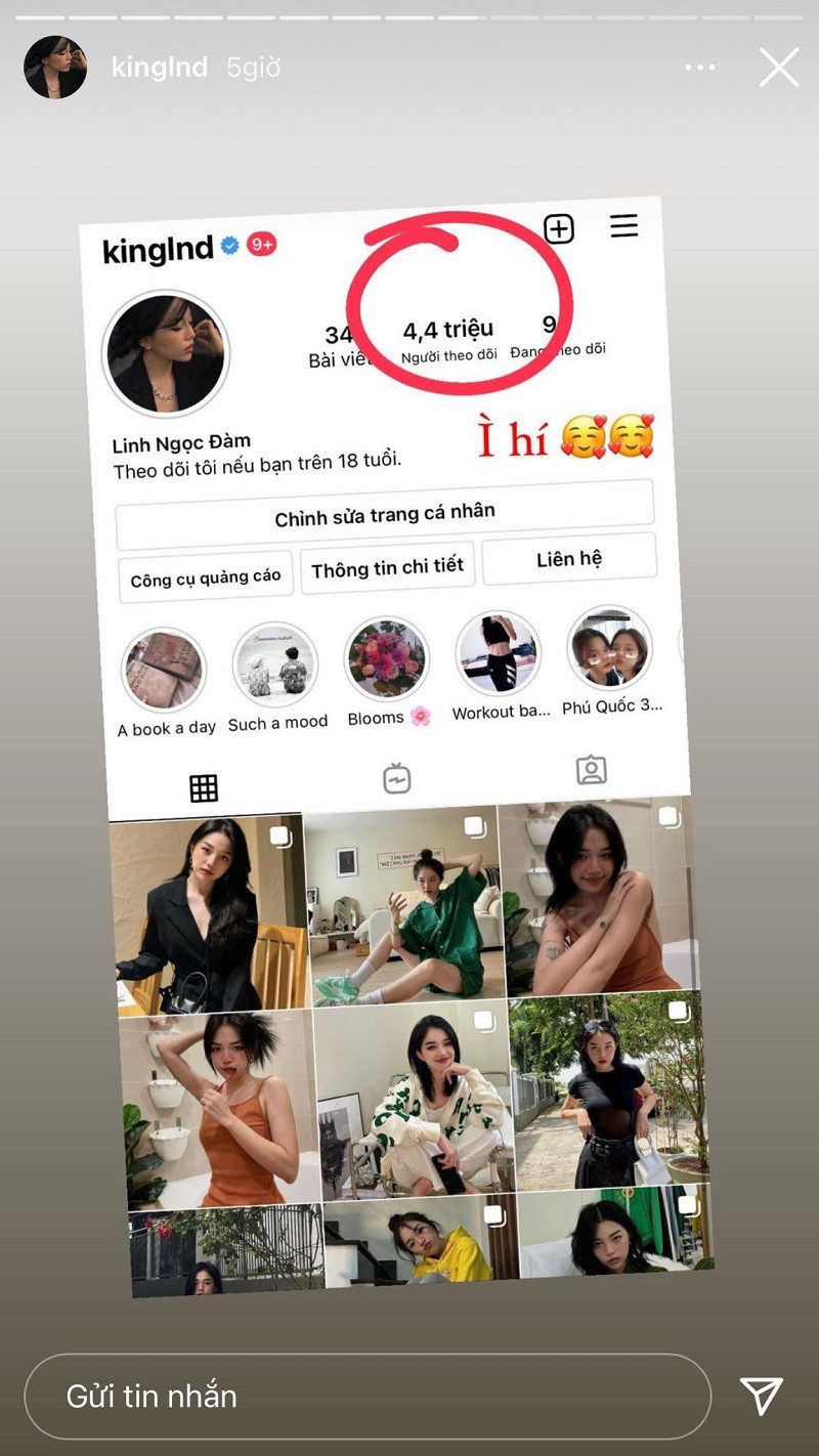 Linh Ngọc Đàm chính thức cán mốc 4,4 triệu người theo dõi trên trang Instagram cá nhân và tiếp tục giữ vững vị trí streamer có nhiều người theo dõi nhất trên nền tảng MXH này.