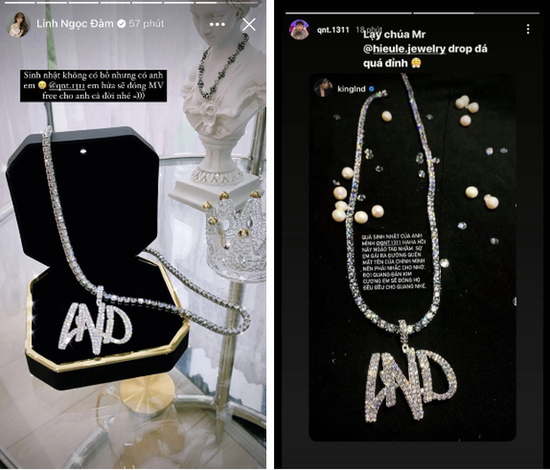 Được biết, trước đây vào sinh nhật của nữ streamer, QNT cũng đã đặc biệt dành tặng cho cô nàng dây chuyền đính đá lấp lánh độc nhất vô nhị có dòng chữ LND - chữ viết tắt tên Linh Ngọc Đàm.