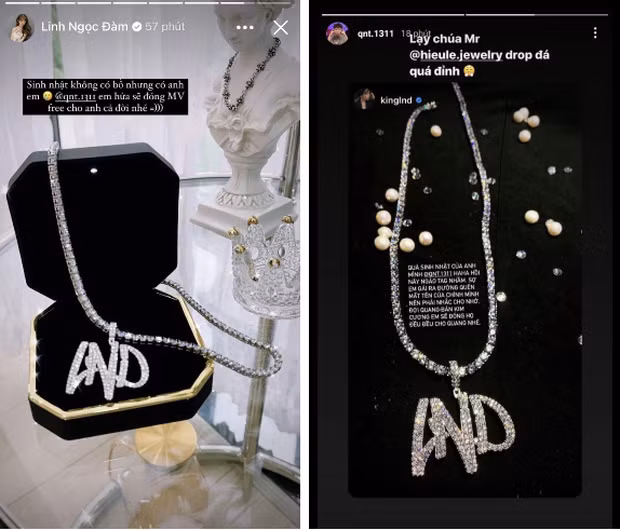 Được biết, trước đây vào sinh nhật của nữ streamer, QNT cũng đã đặc biệt dành tặng cho cô nàng dây chuyền đính đá lấp lánh độc nhất vô nhị có dòng chữ LND - chữ viết tắt tên Linh Ngọc Đàm.