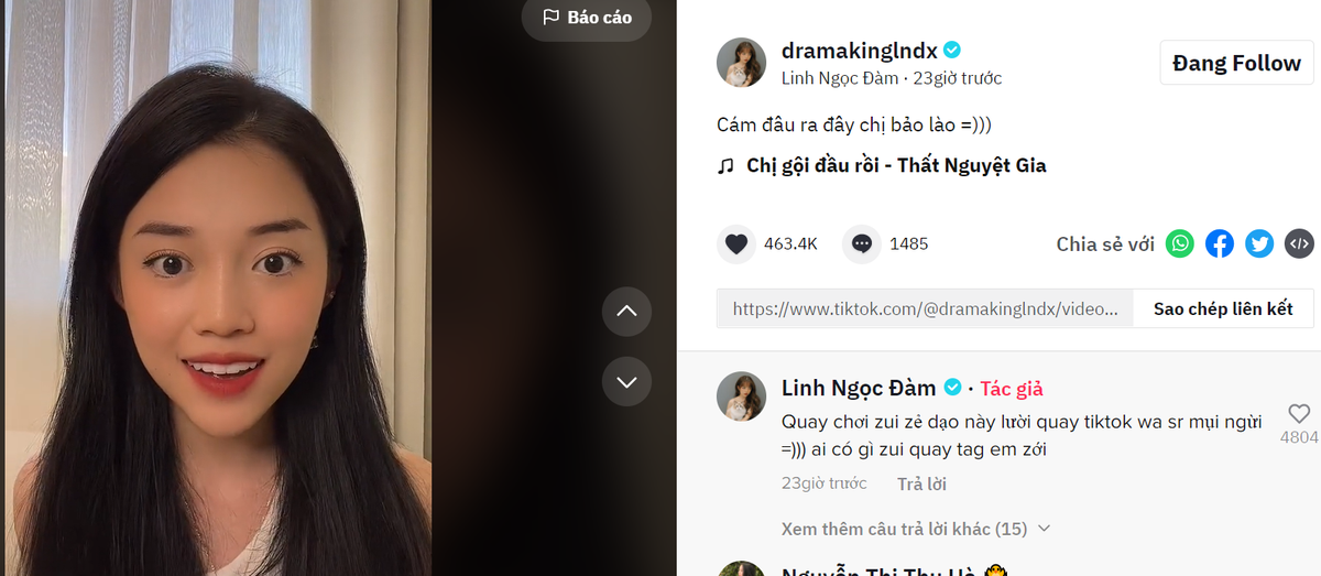 Mới đây, nữ streamer Linh Ngọc Đàm cũng đã "đu trend" Tấm Cám trên nền nhạc Ngây Thơ đang hot trên TikTok.