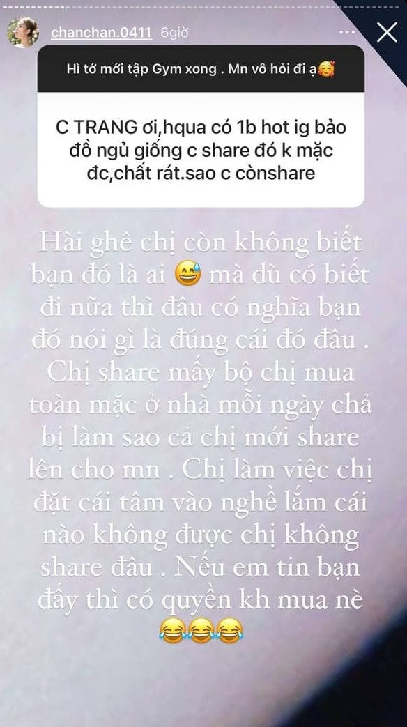 Hot girl cũng đã từng lên tiếng đáp trả về việc PR hàng kém chất lượng. Xoài Non còn nói thêm: "Có nhiều bạn chụp cho Chan story của chị đó nhưng nói chung đây là cảm nhận của mỗi người, mọi người có thể coi lúc Chan mua hàng là ngày 8/5/2021 và hôm nay thì Chan mới mua thêm vì Chan cảm thấy chất vải rất đẹp. Nói chung là mỗi người có 1 cảm nhận riêng khác nhau thôi, ví dụ như Chan cực kỳ không thích mặc đồ ren nên nếu có gửi đồ ren tới thì Chan sẽ không thể review cho mọi người".