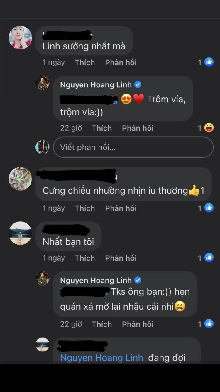 Thậm chí, nhiều bạn bè của Hoàng Linh còn dí dỏm bình luận nữ MC thật hạnh phúc khi có 2 "đại gia" này. Điển hình như đồng nghiệp tại VT của cô là Trần Quang Minh hài hước bình luận với cô em cùng dẫn một thời: "Chết, anh ấy khoác vai hơi liều".