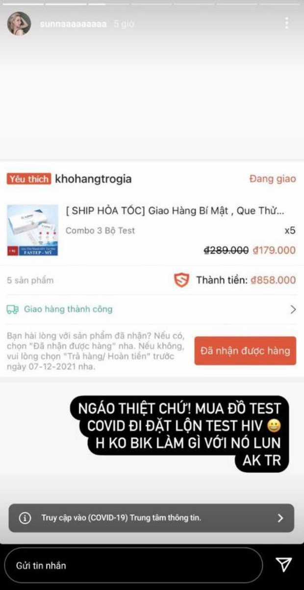 Theo đó, khi muốn mua bộ que thử Covid, cô nàng Sunna đã lên Shopee để đặt đồ thế nhưng trong giỏ hàng lại hiện… bộ que thử HIV.