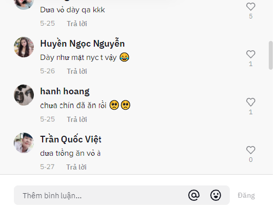 Nhiều người bày tỏ sự ngạc nhiên, thích thú đồng thời để lại loạt bình luận hài hước như: "Dưa hấu kiểu gì mà toàn cùi vậy, đã thế còn mọc ngang ngược, buồn cho chủ vườn", "Cái cùi trông còn dày hơn vỏ".