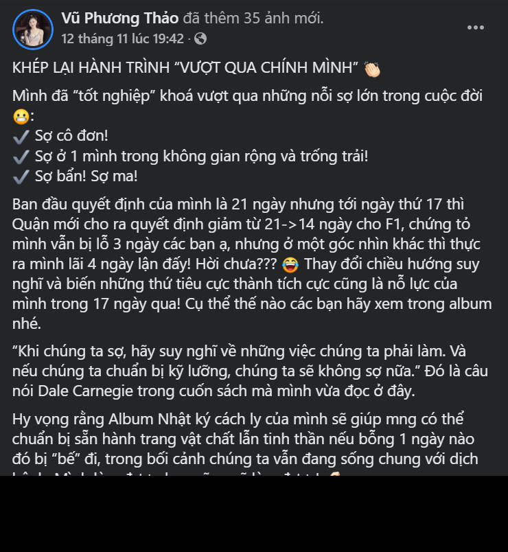 MC Phương Thảo còn tự hào rằng bản thân đã khép lại hành trình vượt qua chính mình, xuất sắc tốt nghiệp khóa vượt qua những nỗi sợ lớn trong cuộc đời.