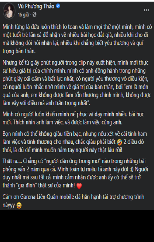 "Rắc thính" là vậy nhưng Phương Thảo đã có người yêu. Cách đây không lâu, cô nàng đã công khai người thương sau gần 2 năm hẹn hò.