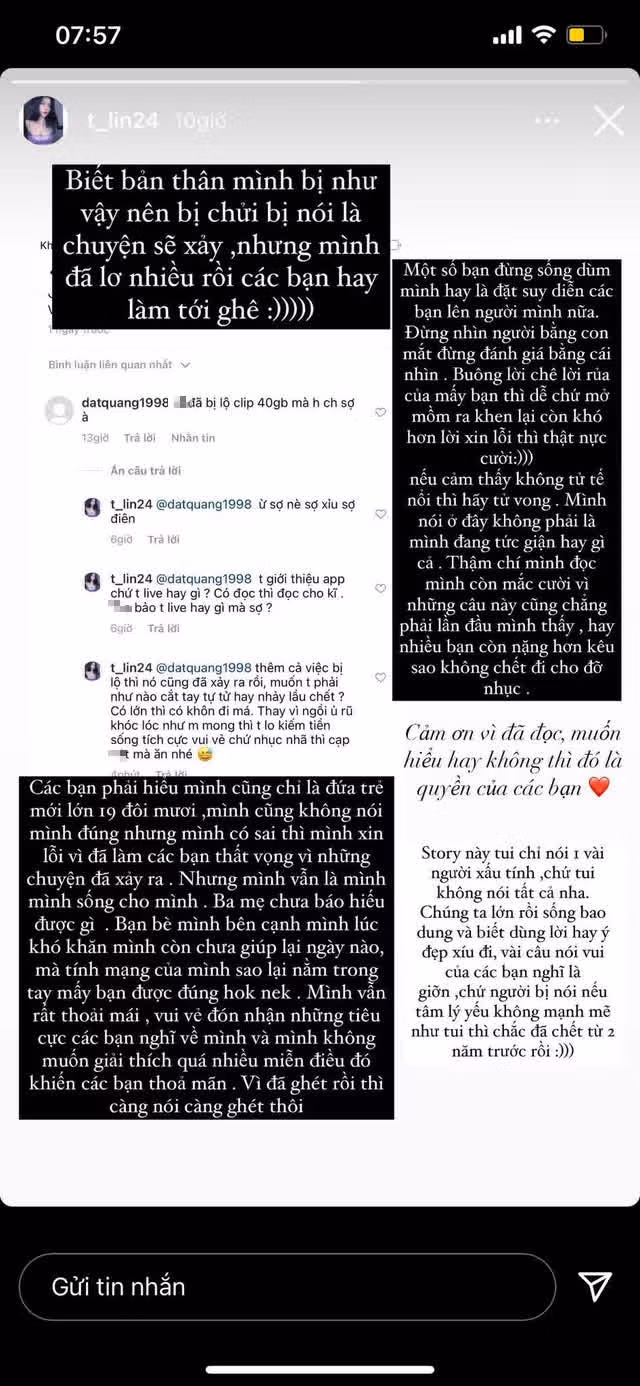 Những lời lẽ như vậy Tú Linh gặp không ít. Tuy nhiên thì dường như quá sức chịu đựng nên cô đã quyết định đáp trả cực căng.