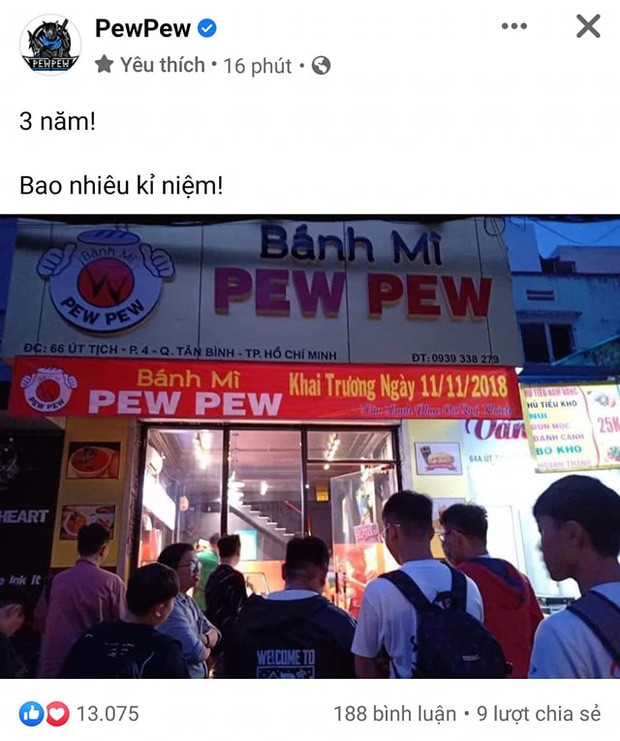 Đến nay, đã tròn 3 năm ngày khai trương của tiệm bánh mì PewPew đầu tiên và nam streamer cũng chia sẻ điều này lên trang fanpage của mình.